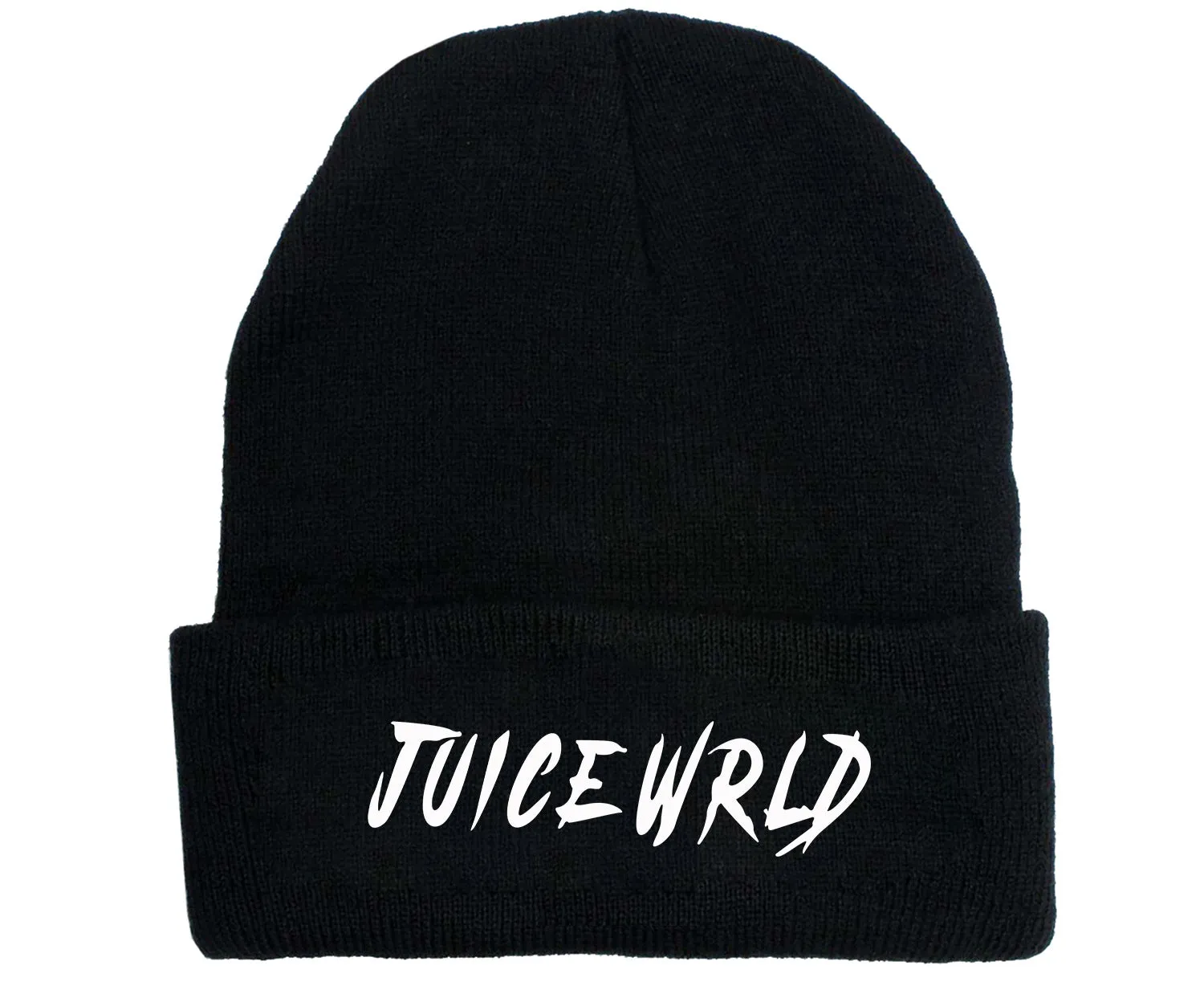 Wool knitted winter hat with flat top and curling brim in monochrome flower print