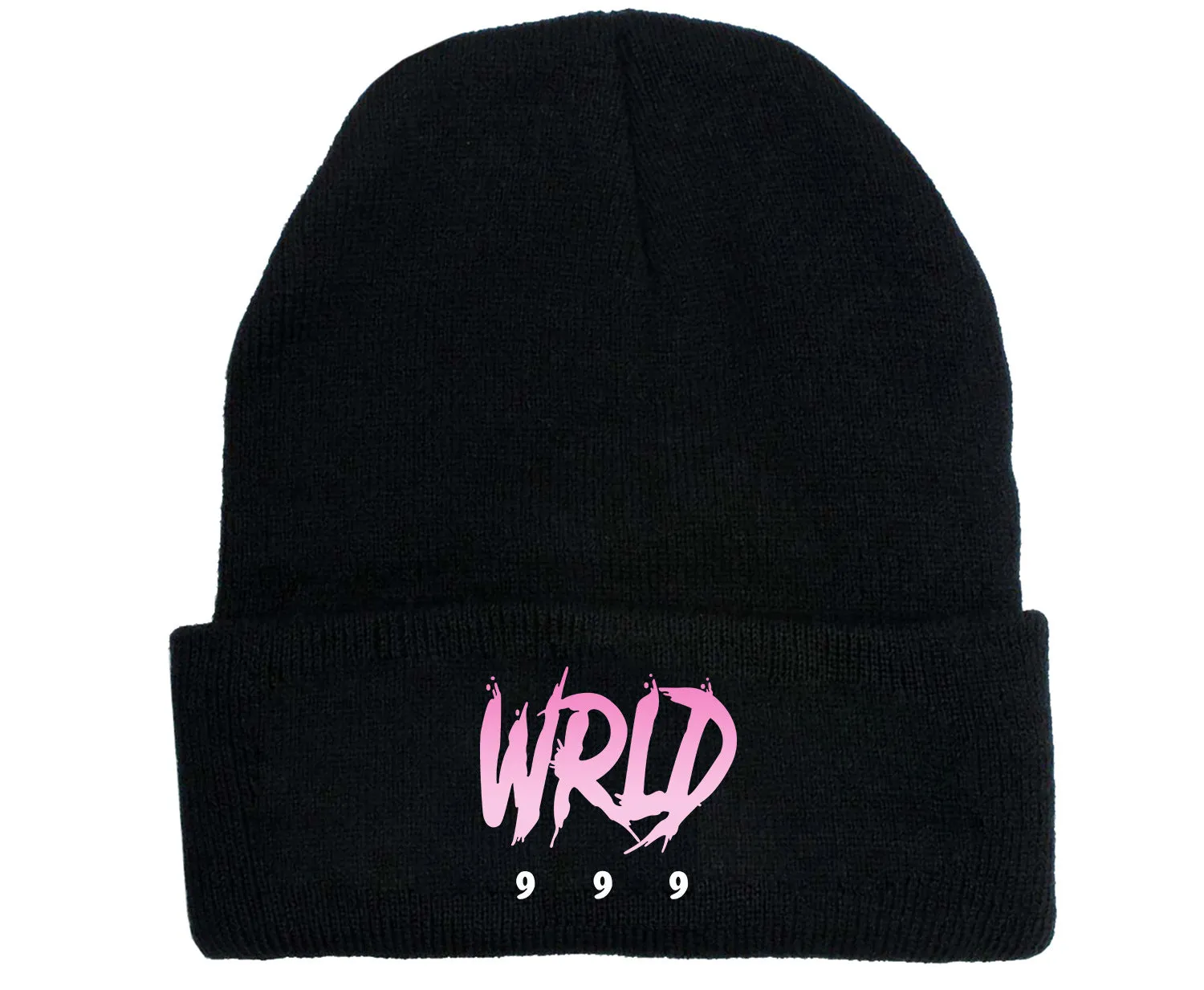 Wool knitted winter hat with flat top and curling brim in monochrome flower print
