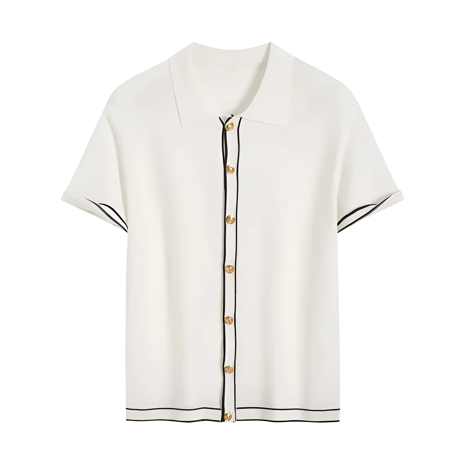 White short-sleeve women's V-neck cardigan with dark contrasting lapels laid flat.