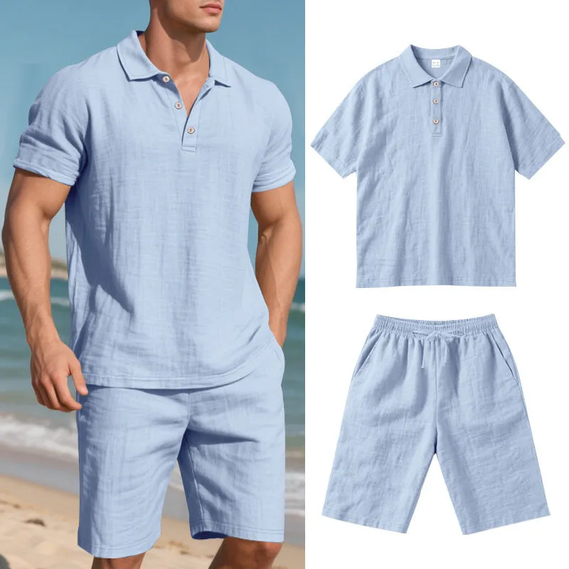 Men's loose casual summer short suit in linen-blend fabric with short sleeves and matching beach shorts