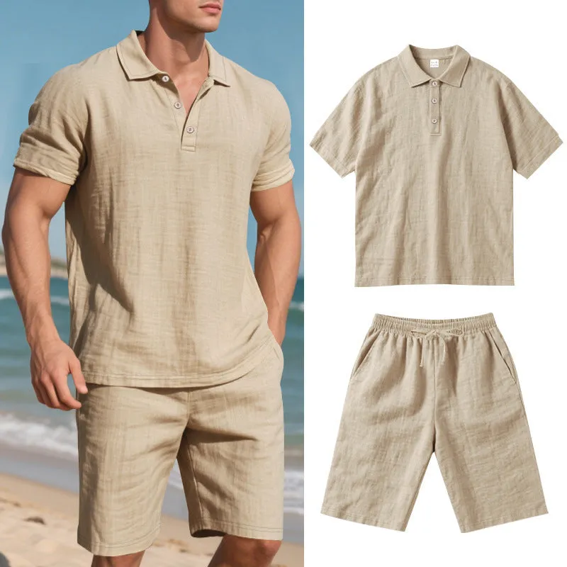 Men's loose casual summer short suit in linen-blend fabric with short sleeves and matching beach shorts