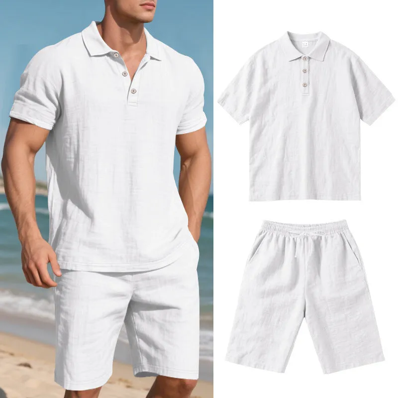 Men's loose casual summer short suit in linen-blend fabric with short sleeves and matching beach shorts