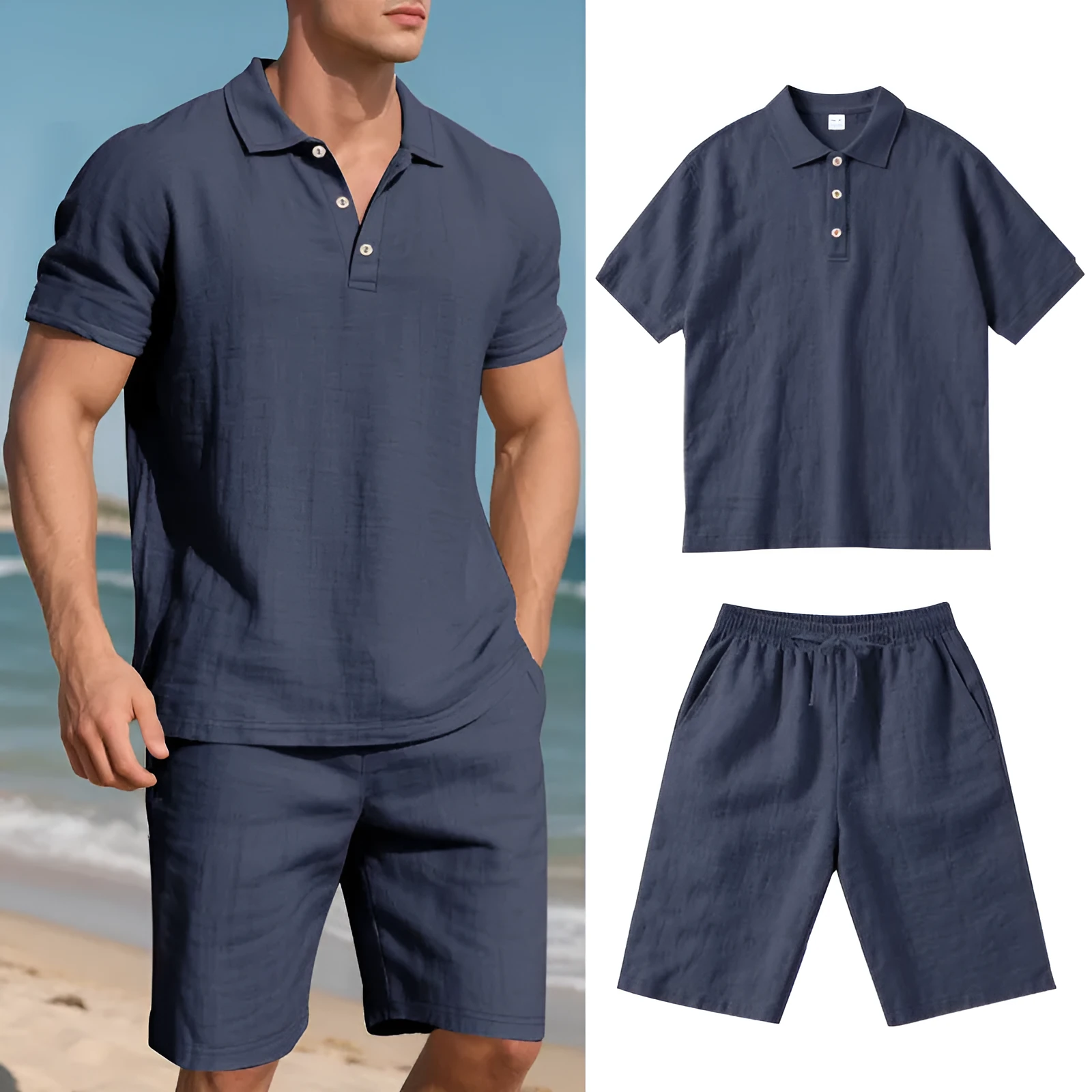 Men's loose casual summer short suit in linen-blend fabric with short sleeves and matching beach shorts