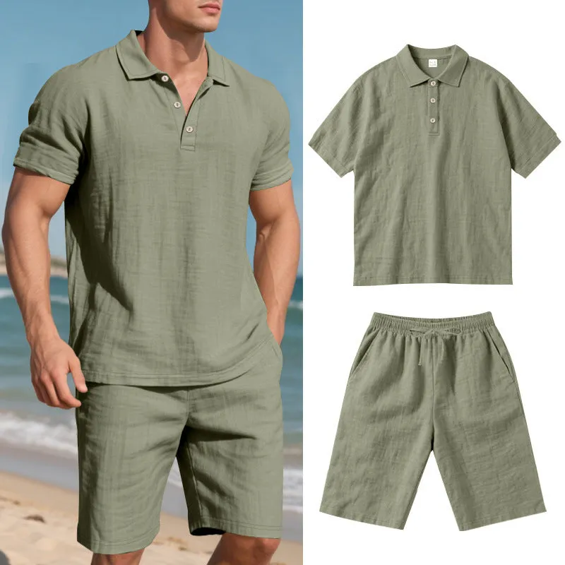 Men's loose casual summer short suit in linen-blend fabric with short sleeves and matching beach shorts