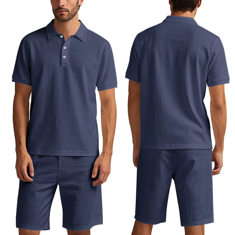 Men's loose casual summer short suit in linen-blend fabric with short sleeves and matching beach shorts