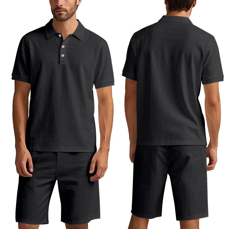 Men's loose casual summer short suit in linen-blend fabric with short sleeves and matching beach shorts