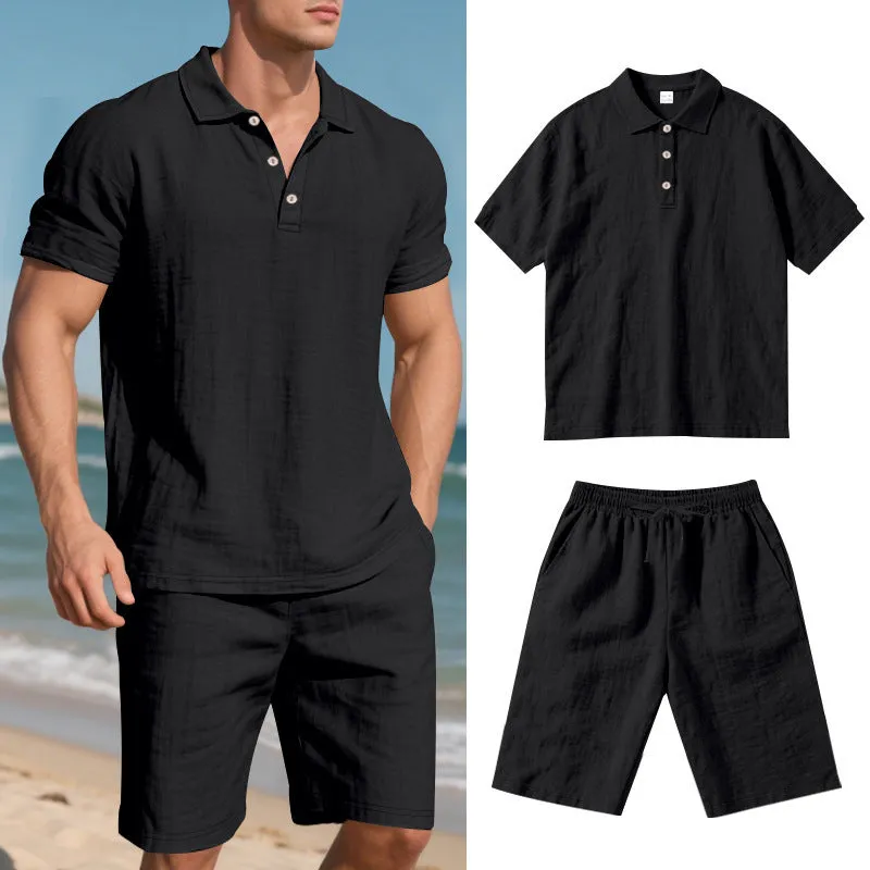 Men's loose casual summer short suit in linen-blend fabric with short sleeves and matching beach shorts