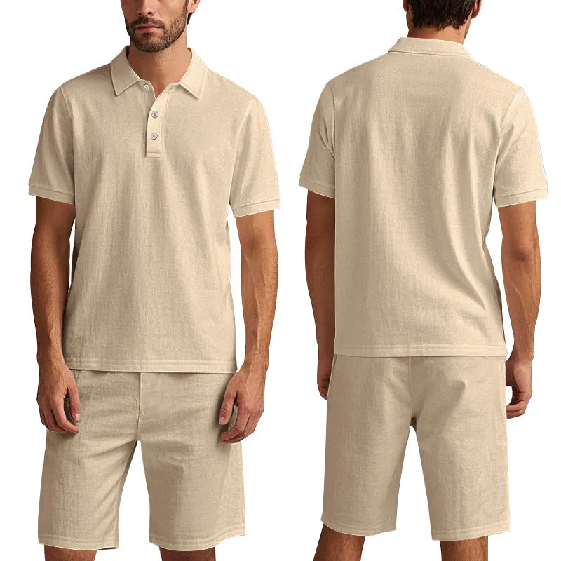 Men's loose casual summer short suit in linen-blend fabric with short sleeves and matching beach shorts