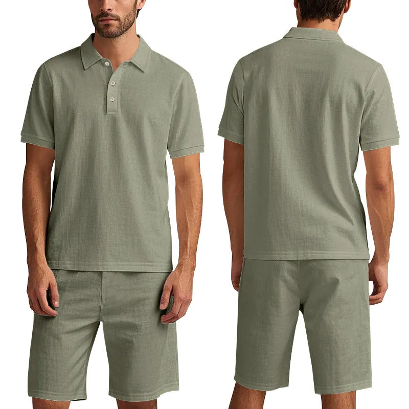 Men's loose casual summer short suit in linen-blend fabric with short sleeves and matching beach shorts