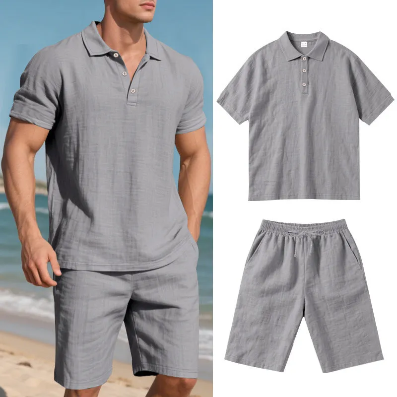 Men's loose casual summer short suit in linen-blend fabric with short sleeves and matching beach shorts