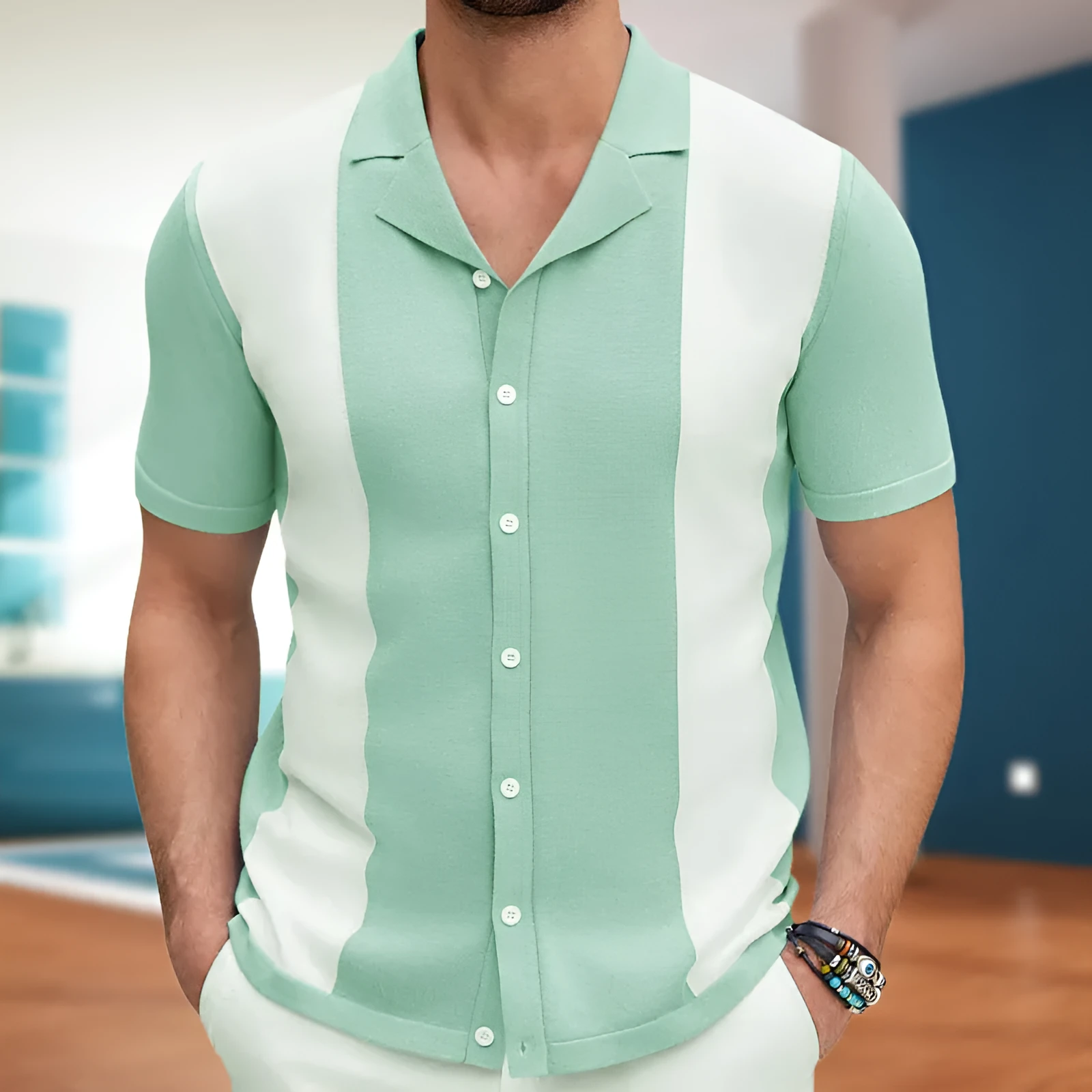 Men's business casual Tencel polo shirt in green with short sleeves, leisure wear style