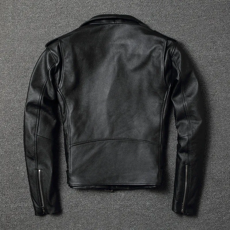 Harley's cowhide leather motorcycle jacket for men, black, short length, skinny fit, with lapel collar and zipper front