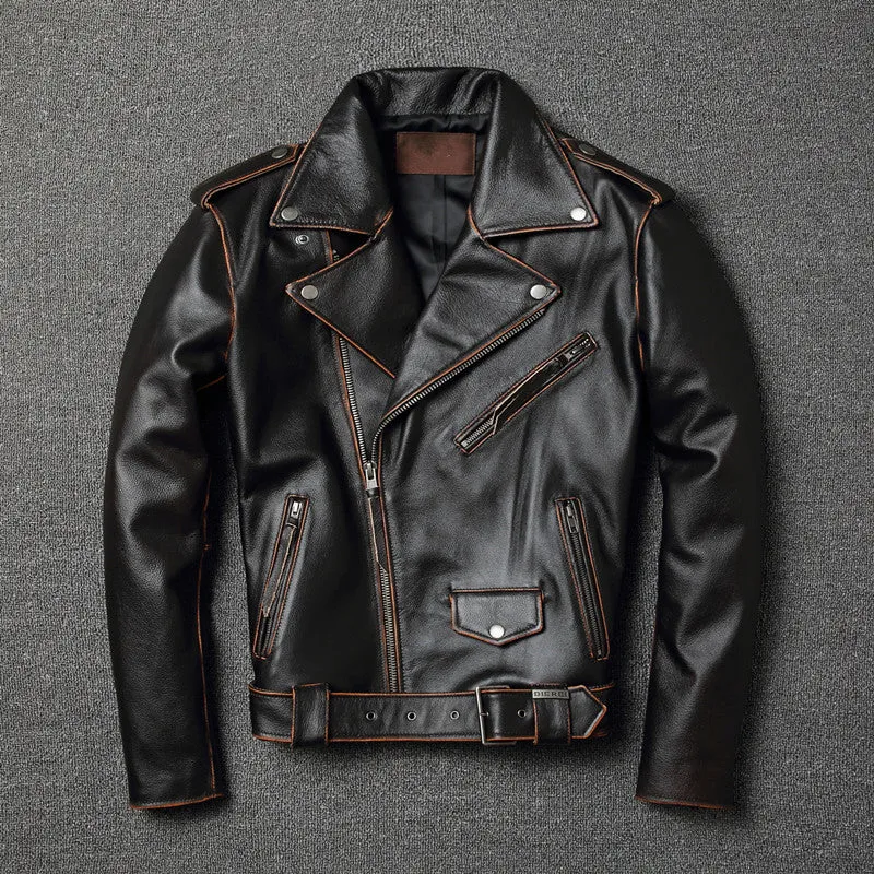 Harley's cowhide leather motorcycle jacket for men, black, short length, skinny fit, with lapel collar and zipper front