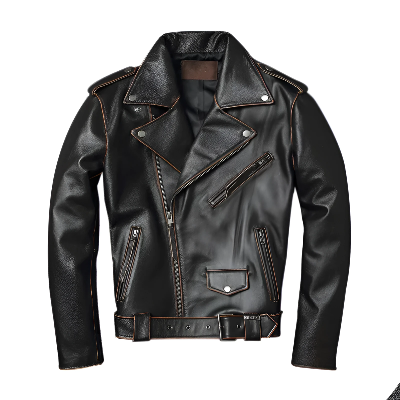 Harley's cowhide leather motorcycle jacket for men, black, short length, skinny fit, with lapel collar and zipper front