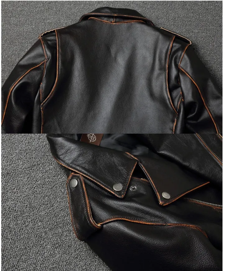 Harley's cowhide leather motorcycle jacket for men, black, short length, skinny fit, with lapel collar and zipper front