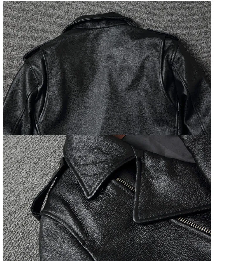 Harley's cowhide leather motorcycle jacket for men, black, short length, skinny fit, with lapel collar and zipper front