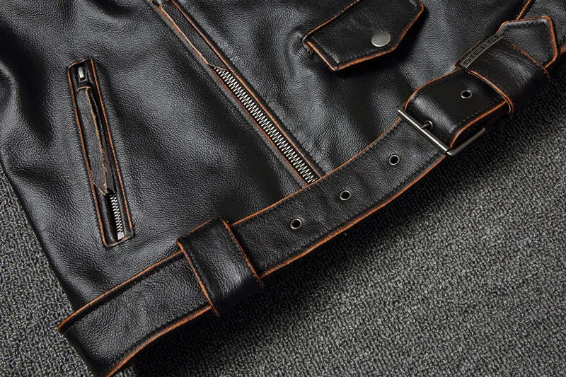 Harley's cowhide leather motorcycle jacket for men, black, short length, skinny fit, with lapel collar and zipper front