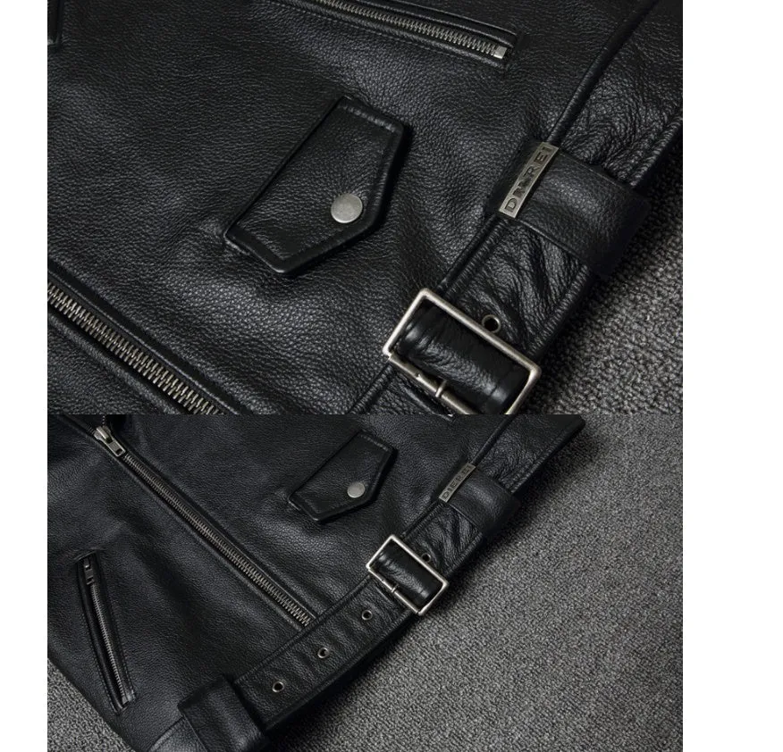 Harley's cowhide leather motorcycle jacket for men, black, short length, skinny fit, with lapel collar and zipper front