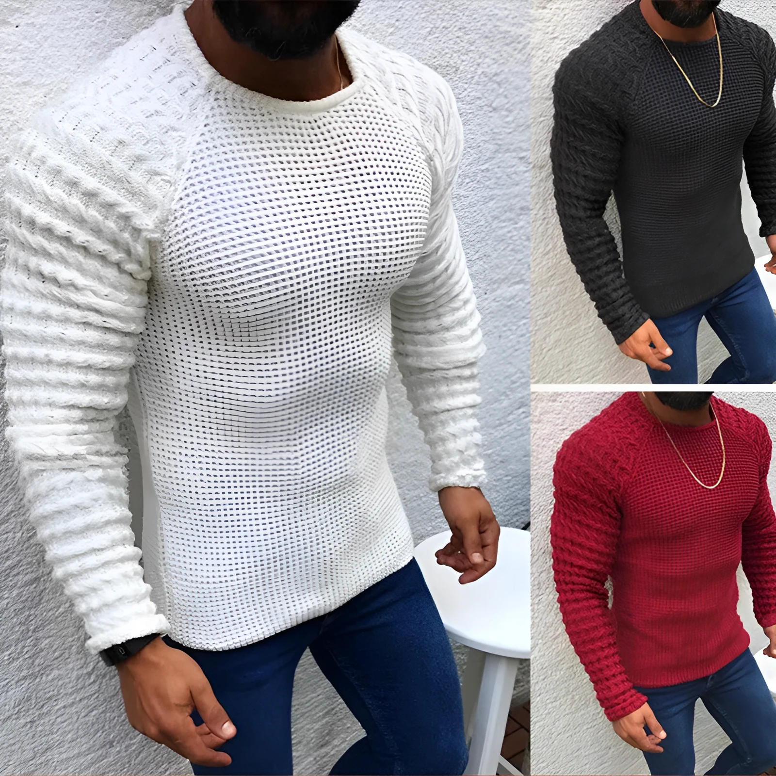 Men pullover sweater in acrylic blend, high temperature set, available in red, black, grey, white, sizes S to 3XL