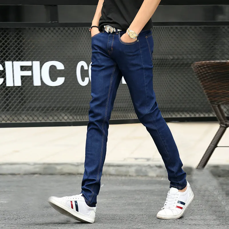 Stretch men's cotton jeans in blue, front view, showing five-pocket design and zip fly