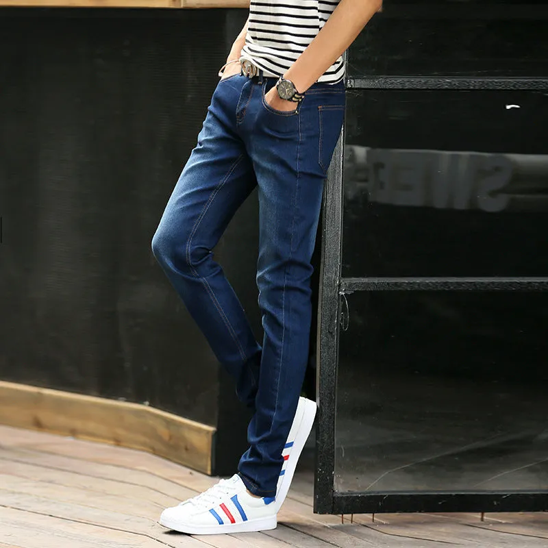 Stretch men's cotton jeans in blue, front view, showing five-pocket design and zip fly