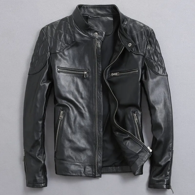 Men's distressed stand collar leather jacket in black, front view, with zipper and side seam pockets