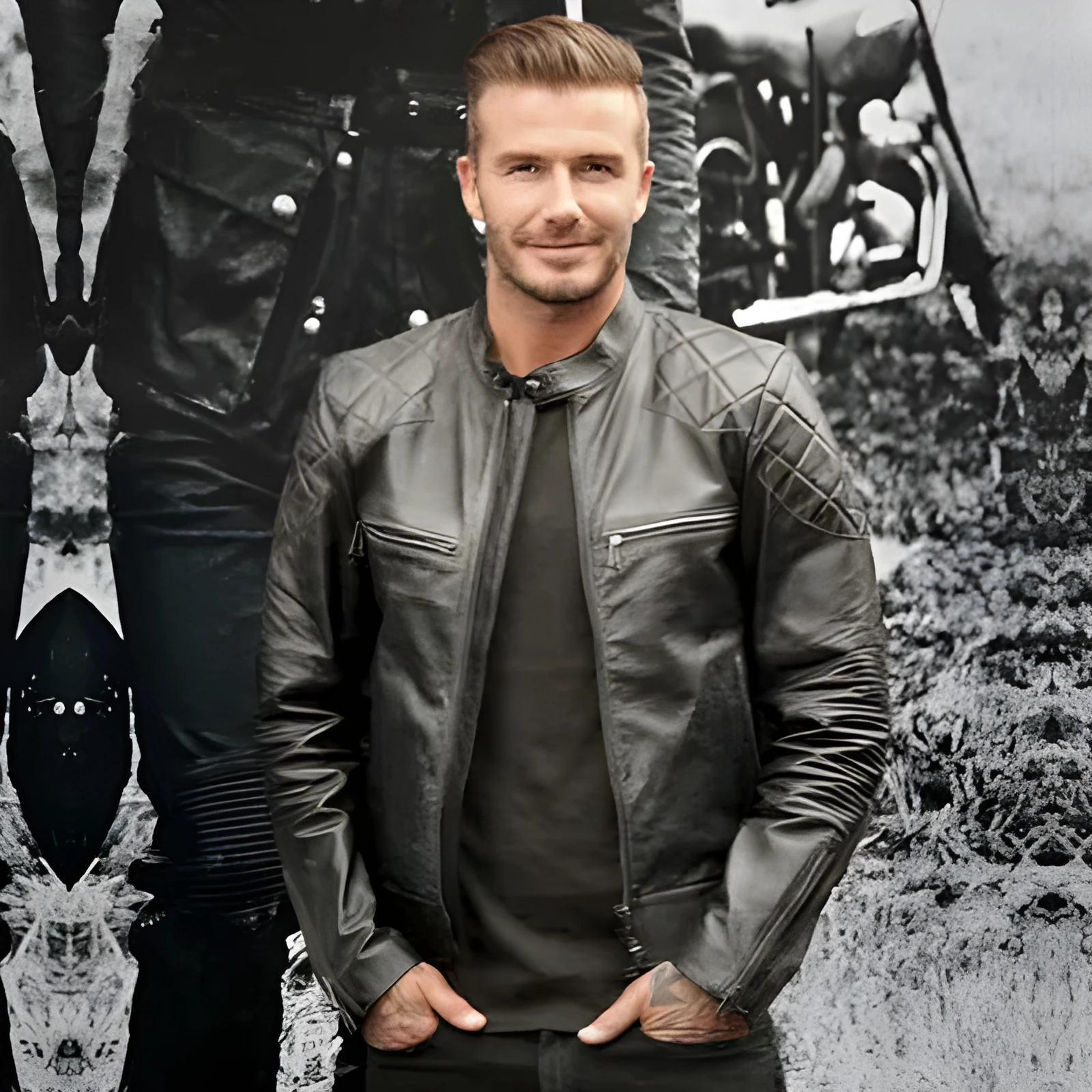 Men's distressed stand collar leather jacket in black, front view, with zipper and side seam pockets