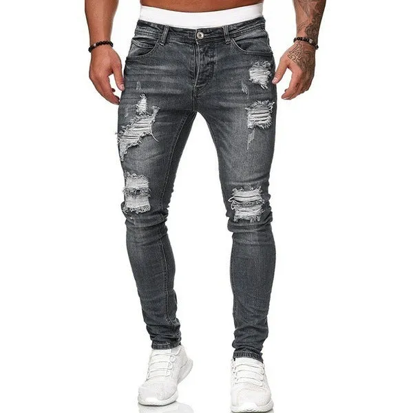 Ripped white slim denim trousers for women, tight-fitting pencil pants, mid-waist zip fly, water wash frayed detailing