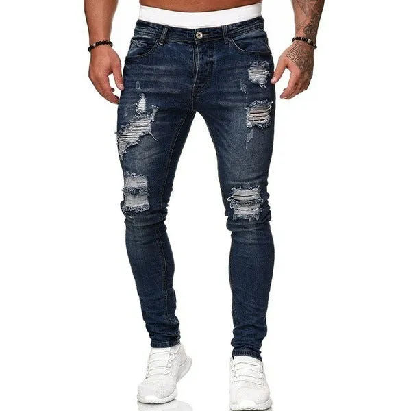 Ripped white slim denim trousers for women, tight-fitting pencil pants, mid-waist zip fly, water wash frayed detailing