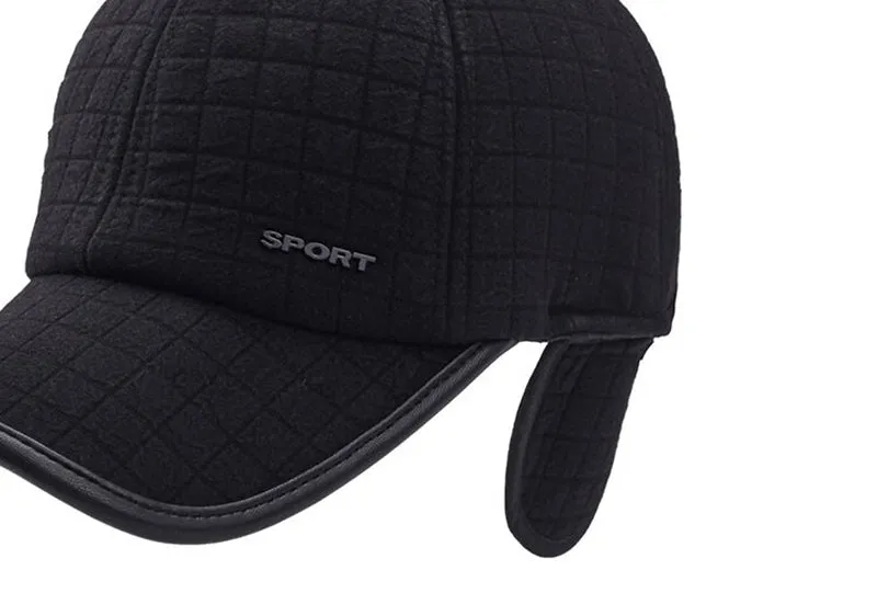 Men's winter ear protection thickened baseball cap, cotton warp knit, adjustable 56-60cm, black colour on white background