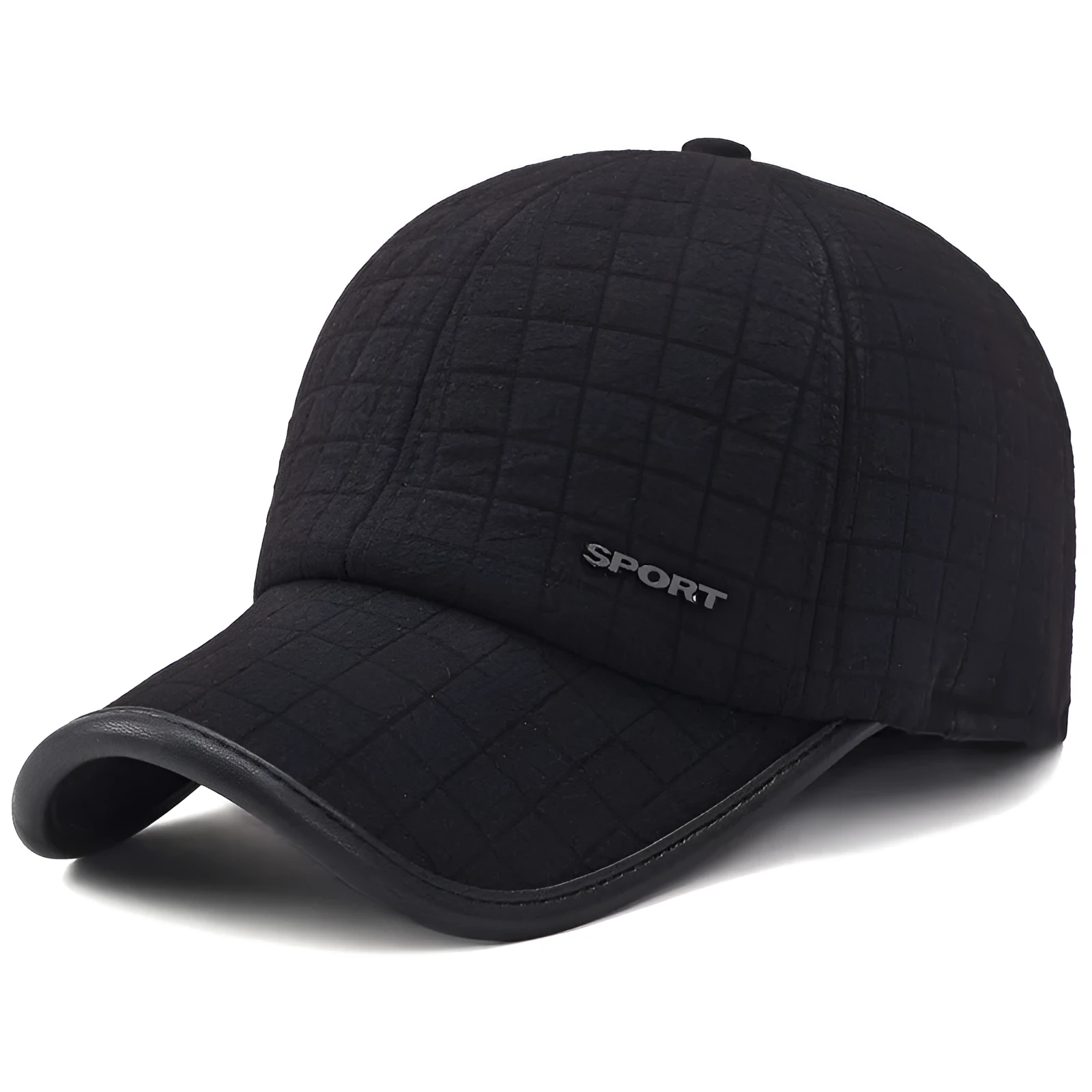 Men's winter ear protection thickened baseball cap, cotton warp knit, adjustable 56-60cm, black colour on white background