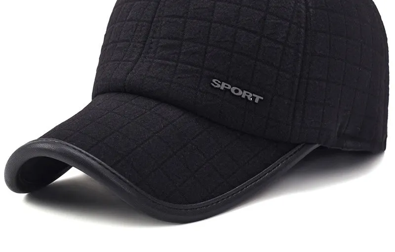 Men's winter ear protection thickened baseball cap, cotton warp knit, adjustable 56-60cm, black colour on white background