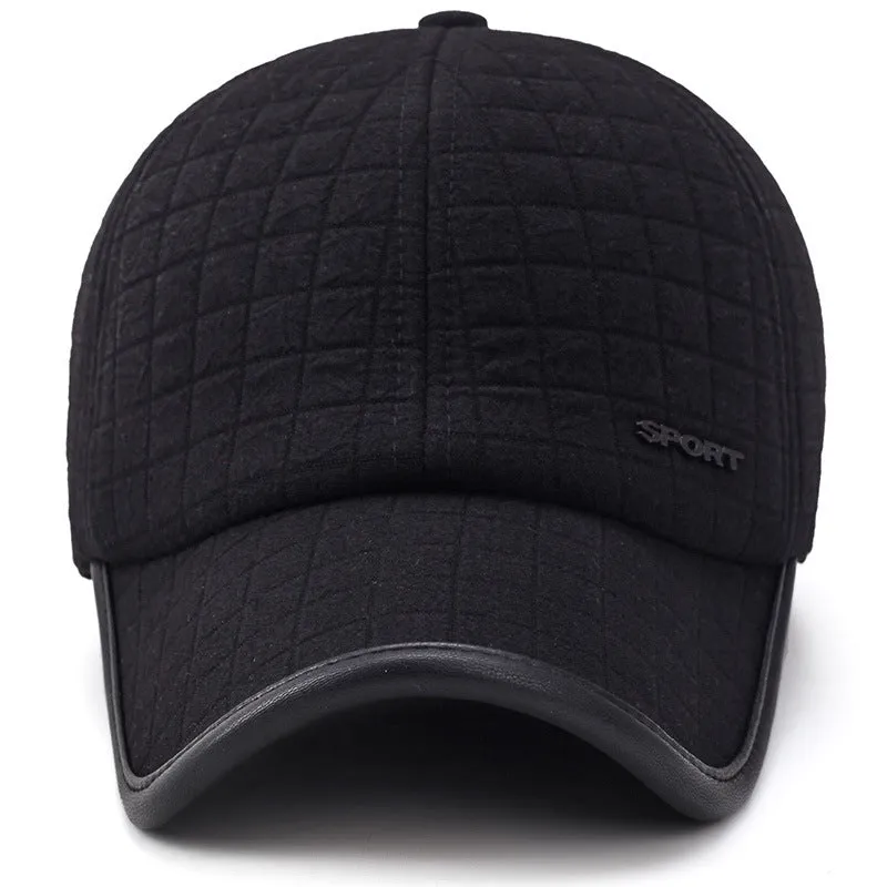 Men's winter ear protection thickened baseball cap, cotton warp knit, adjustable 56-60cm, black colour on white background