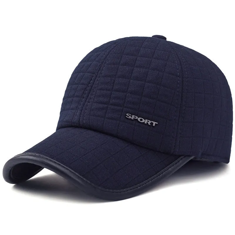 Men's winter ear protection thickened baseball cap, cotton warp knit, adjustable 56-60cm, black colour on white background