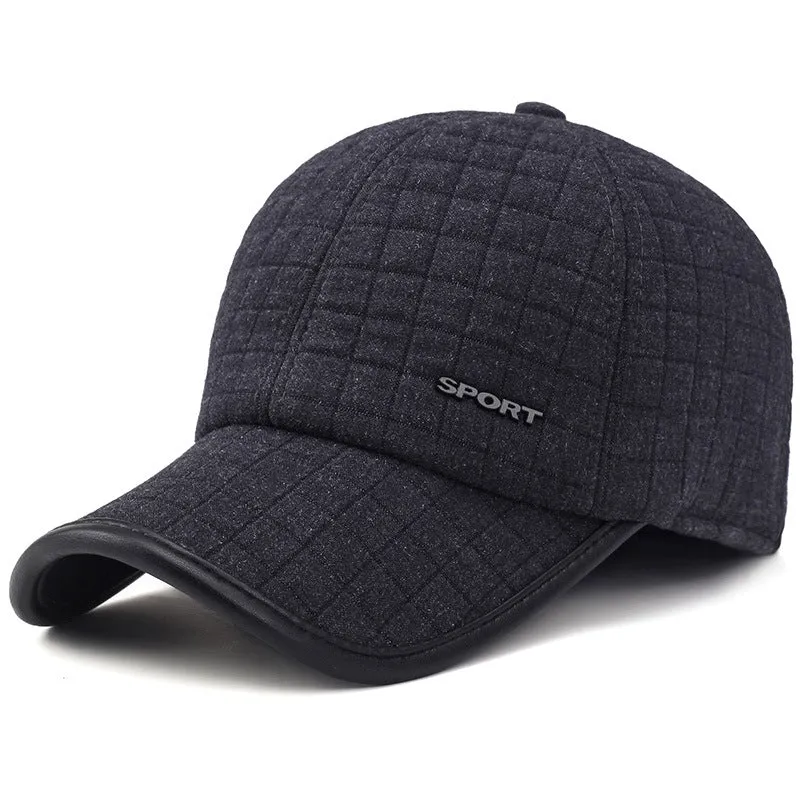 Men's winter ear protection thickened baseball cap, cotton warp knit, adjustable 56-60cm, black colour on white background