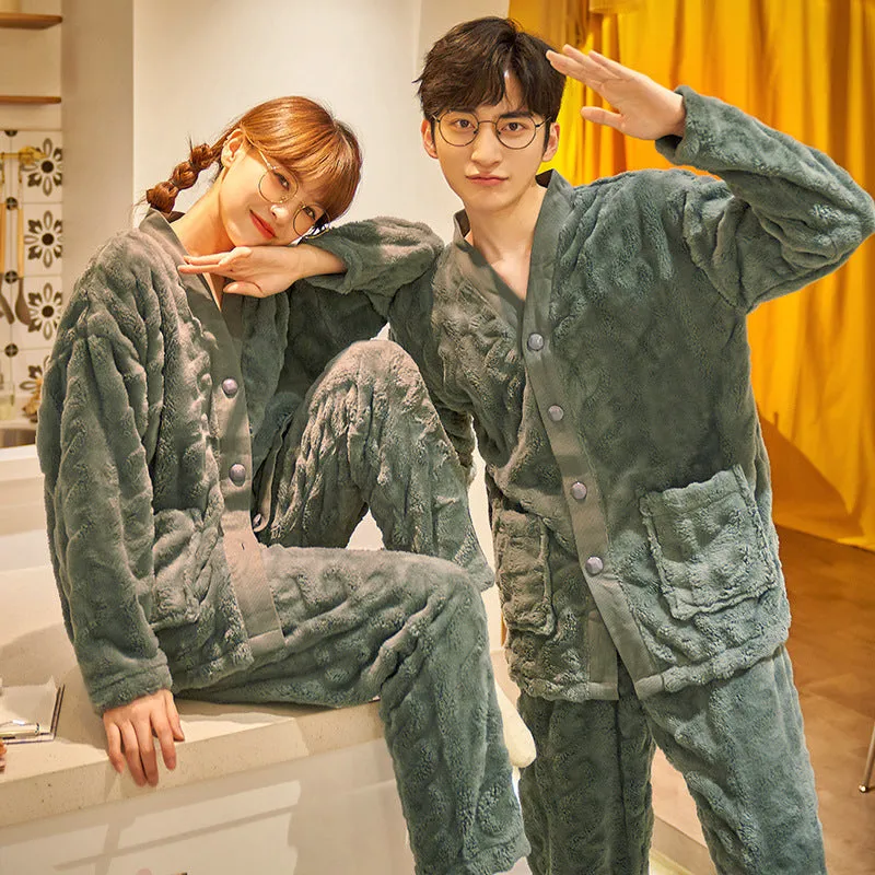 Autumn winter flannel men's thickened fleece homewear suit in apricot with top and trousers