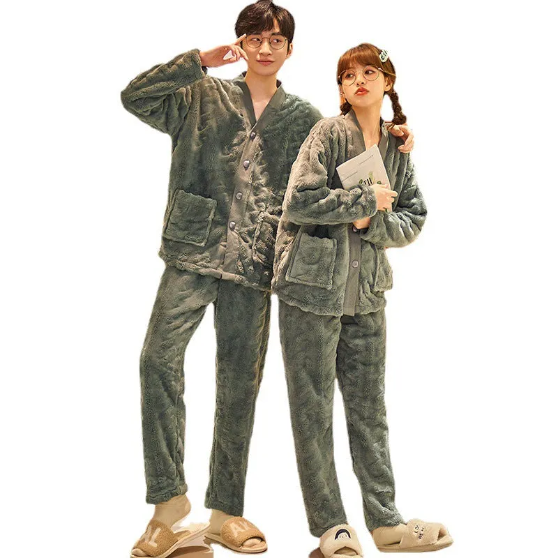 Autumn winter flannel men's thickened fleece homewear suit in apricot with top and trousers