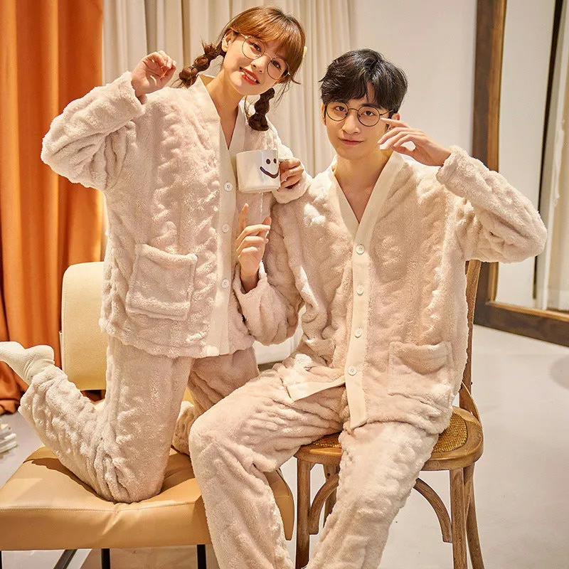 Autumn winter flannel men's thickened fleece homewear suit in apricot with top and trousers