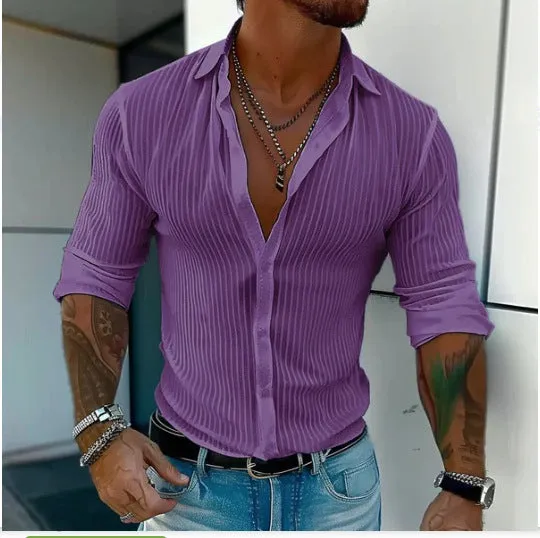 British style striped men's cardigan long sleeve shirt in flat mop cloth fabric