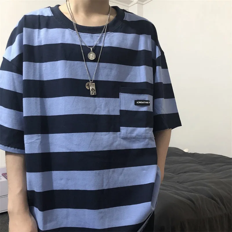 Striped short sleeve t-shirt in polyester fibre, available in blue and yellow, sizes L to XXL.