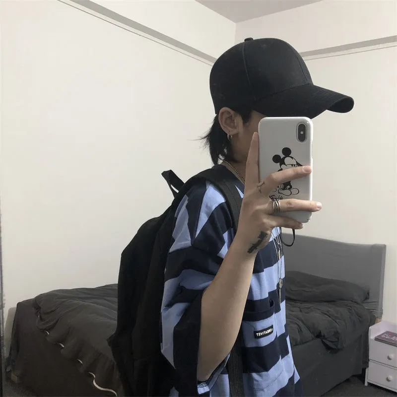 Striped short sleeve t-shirt in polyester fibre, available in blue and yellow, sizes L to XXL.