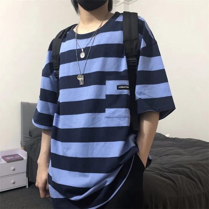 Striped short sleeve t-shirt in polyester fibre, available in blue and yellow, sizes L to XXL.
