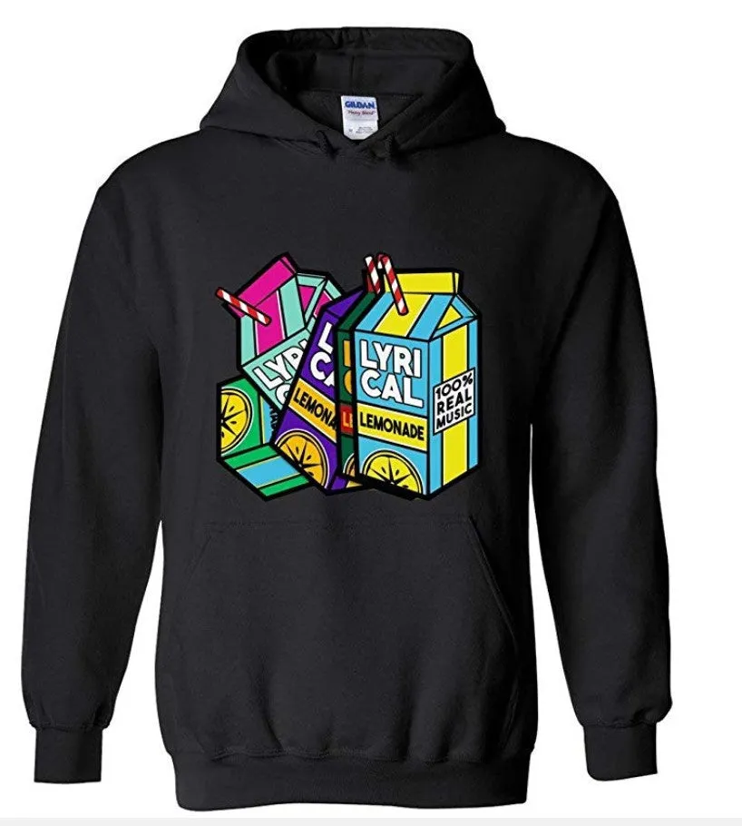 Lyrical Lemonade digital print hooded sweater in pink with three-dimensional patch pocket and lemon pattern on front