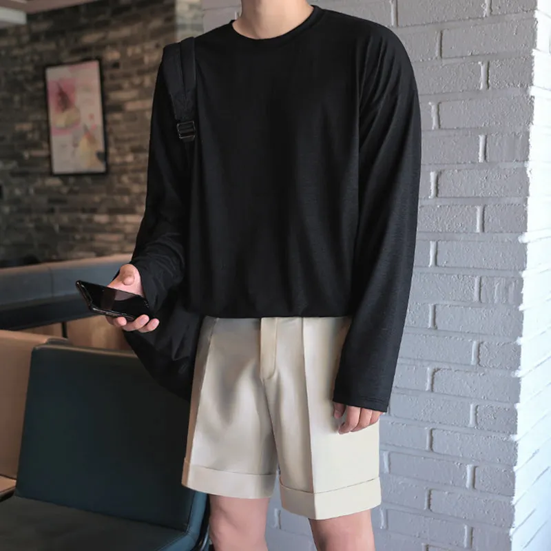 Men's cotton high-waist plain khaki suit trousers on a model, showing a clean smart fit