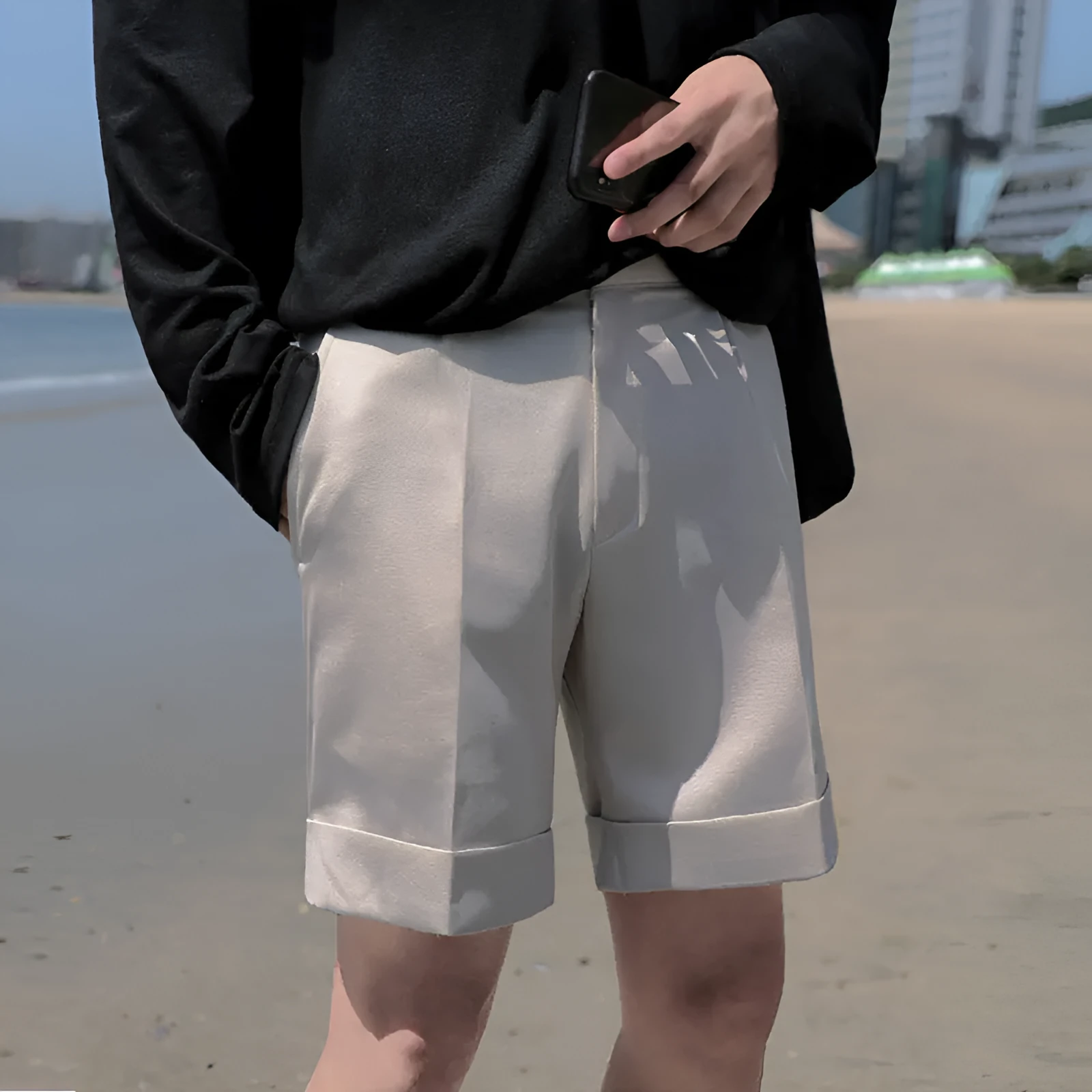 Men's cotton high-waist plain khaki suit trousers on a model, showing a clean smart fit