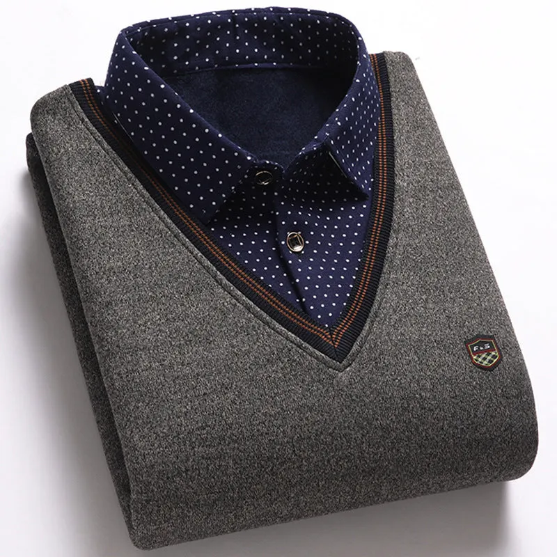 Men's fake two-piece shirt collar sweater in navy blue chemical fibre blend, front view