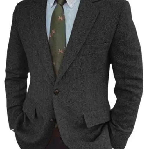 Men's brown herringbone pattern business casual jacket with flax lining and long sleeves