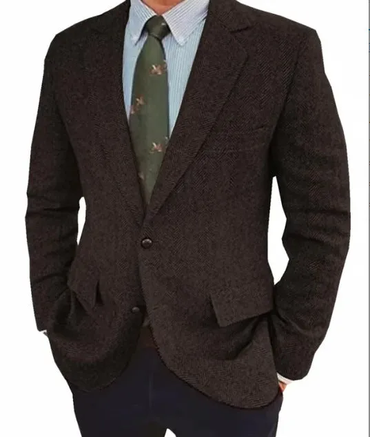 Men's brown herringbone pattern business casual jacket with flax lining and long sleeves