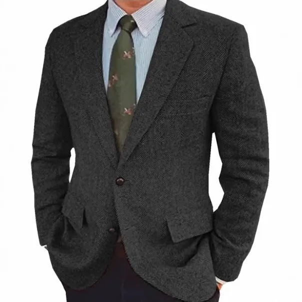 Men's brown herringbone pattern business casual jacket with flax lining and long sleeves