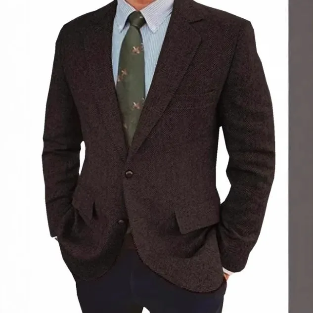 Men's brown herringbone pattern business casual jacket with flax lining and long sleeves